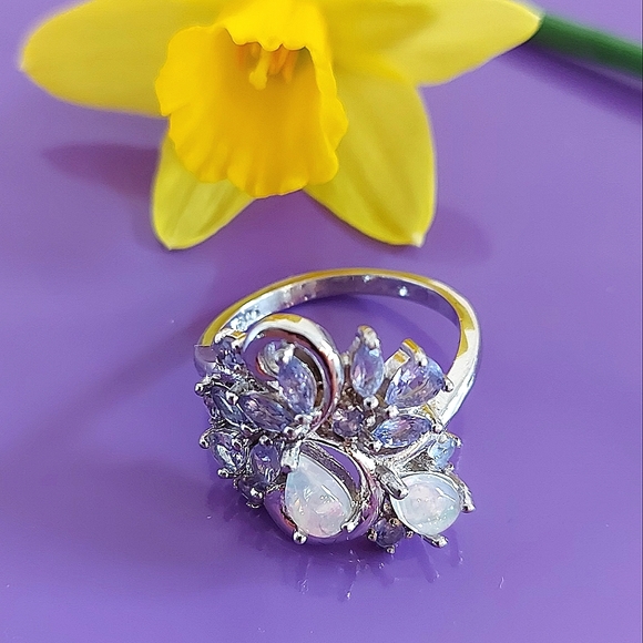 Unheated Fire Opal 6x4mm & Tanzanite 925 Sterling Silver Ring Sz 6.5 - Picture 5 of 5